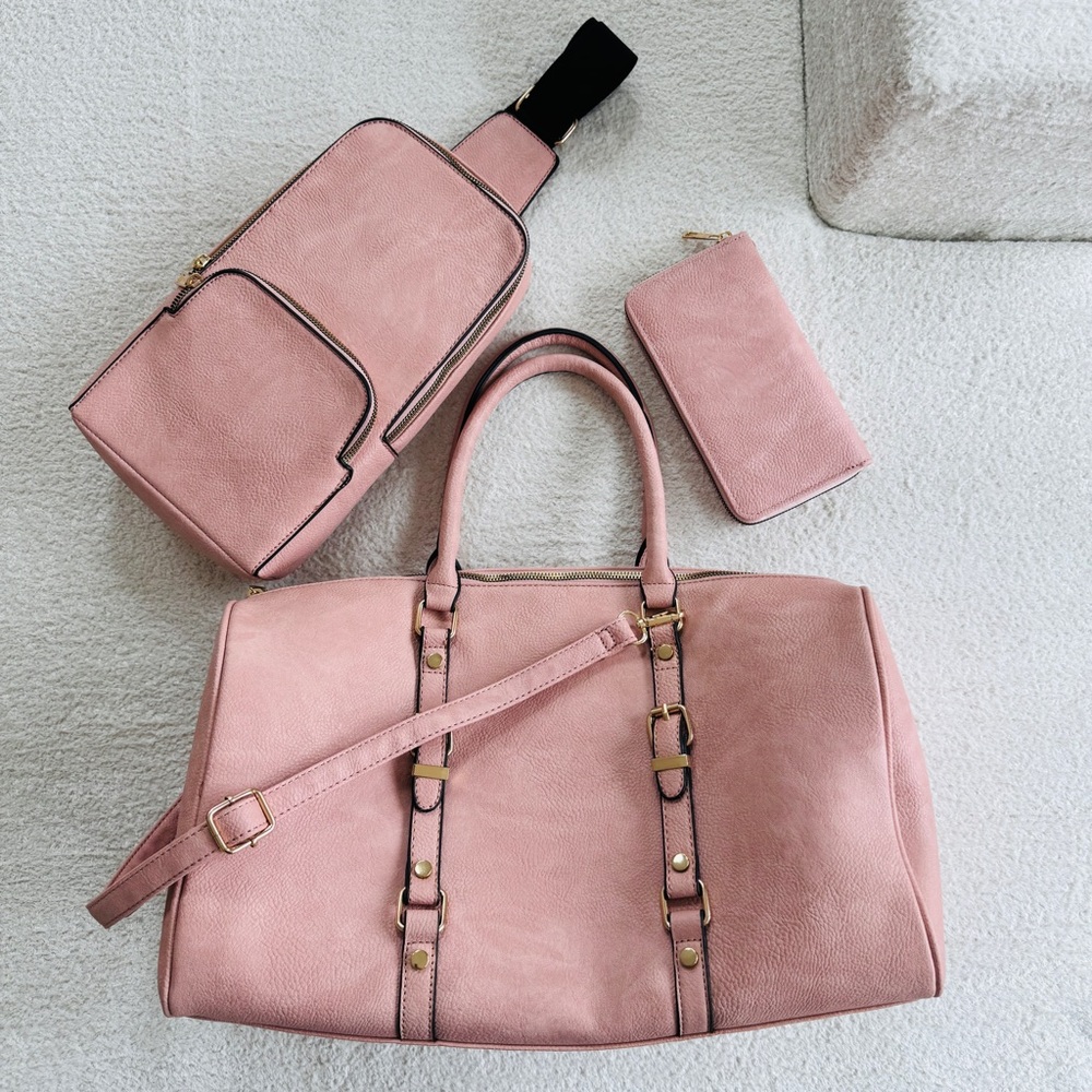 NWT 3pc Pink Travel Weekender Set | Tote Crossbody Wallet | Vegan Leather